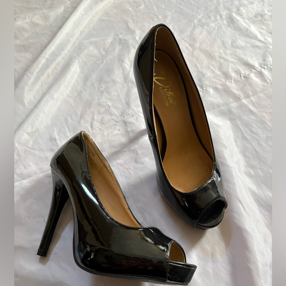 Black Patent Peep-Toe High Heels